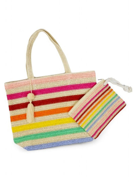 Artini Accessories large striped beach bag for women with colorful horizontal stripes and matching pouch