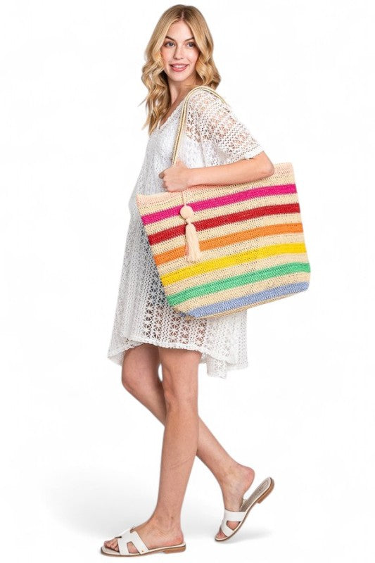 Artini Accessories large striped beach bag for women with colorful horizontal stripes and tassel detail
