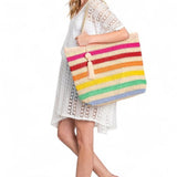 Artini Accessories large striped beach bag for women with colorful horizontal stripes and tassel detail