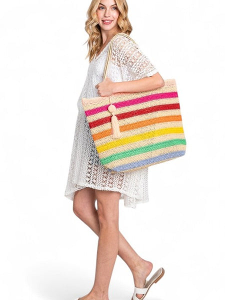 Artini Accessories large striped beach bag for women with colorful horizontal stripes and tassel detail