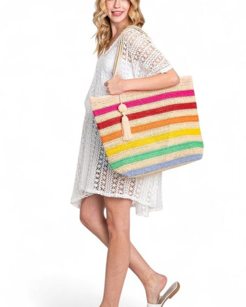 Artini Accessories large striped beach bag for women with colorful horizontal stripes and tassel detail
