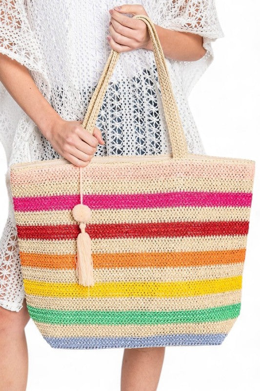 Artini Accessories large striped beach bag for women with colorful horizontal stripes and braided handles