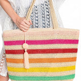 Artini Accessories large striped beach bag for women with colorful horizontal stripes and braided handles