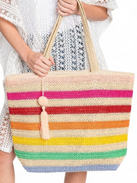 Artini Accessories large striped beach bag for women with colorful horizontal stripes and braided handles