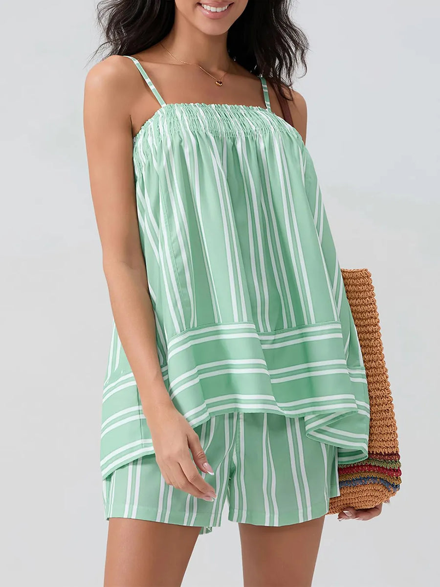 Trendsi smocked cami and shorts set in green and white stripes with adjustable straps
