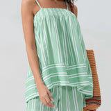 Trendsi smocked cami and shorts set in green and white stripes with adjustable straps