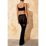 Beach Babes 3 piece crochet bikini cover up in black with skirt and top set shown from the back