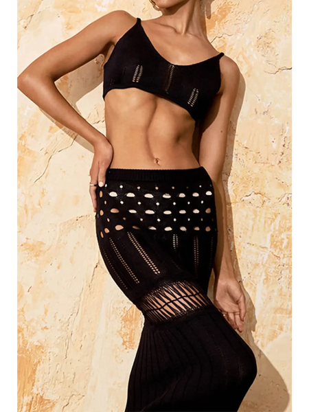 Beach Babes 3 piece crochet bikini cover up in black with intricate knit design and stylish fit