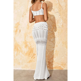 Beach Babes 3 piece crochet bikini cover up in white worn by woman showing back view