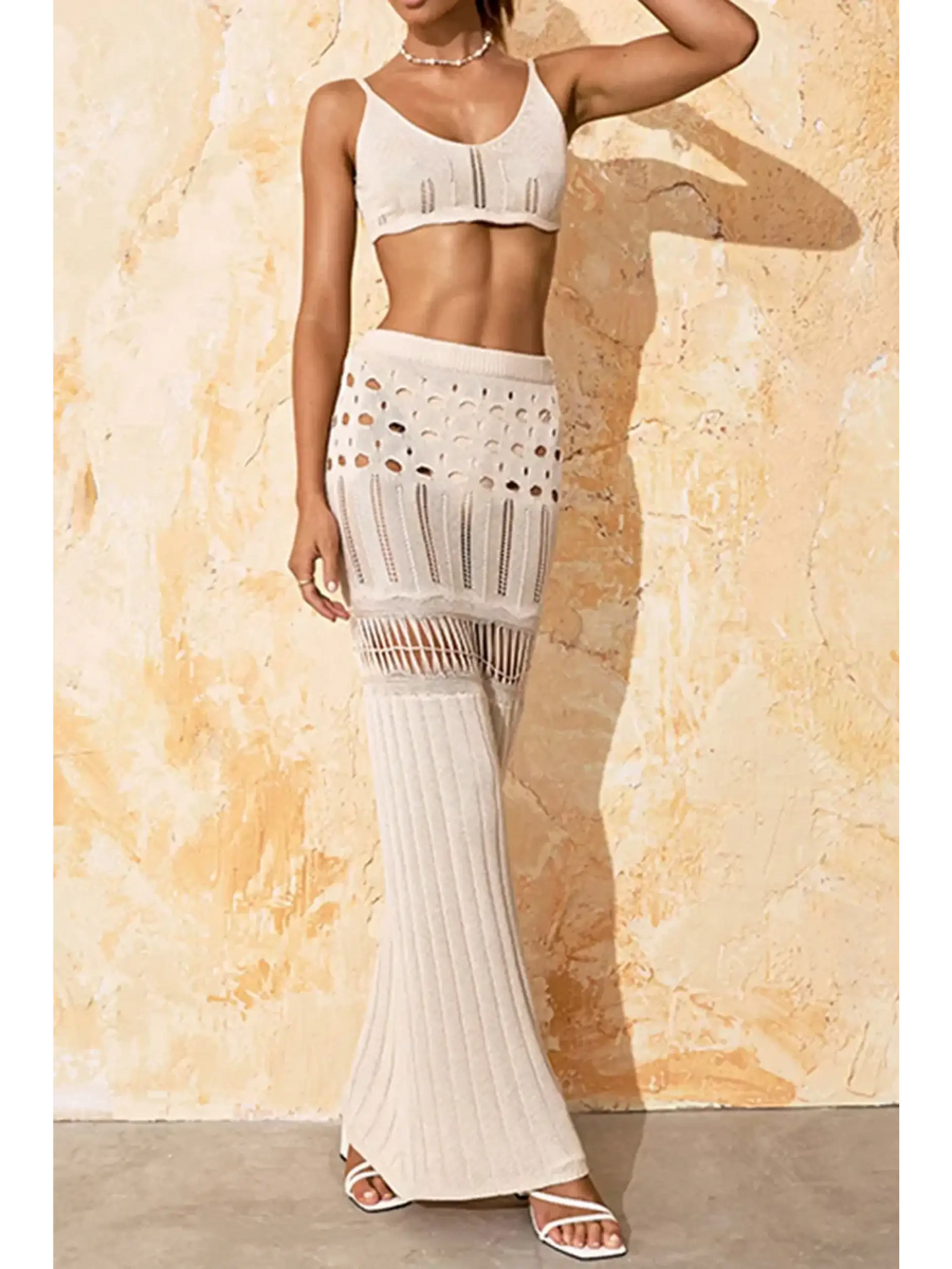 Beach Babes 3 piece crochet bikini cover up in beige with skirt and crop top set perfect for summer
