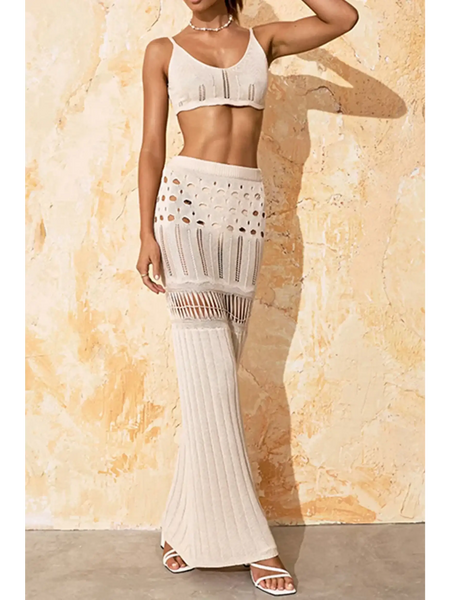 Beach Babes 3 piece crochet bikini cover up in beige with skirt and crop top set perfect for summer
