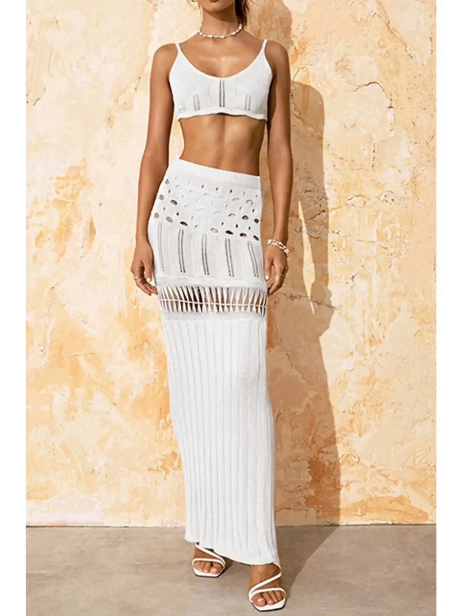 Beach Babes 3 piece crochet bikini cover up in white with crop top and long skirt set
