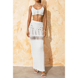 Beach Babes 3 piece crochet bikini cover up in white with crop top and long skirt set