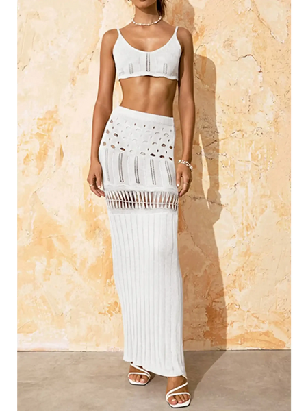 Beach Babes 3 piece crochet bikini cover up in white with crop top and long skirt set