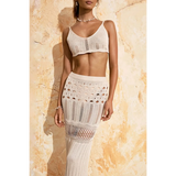 Beach Babes 3 piece crochet bikini cover up in beige with crop top and long skirt set