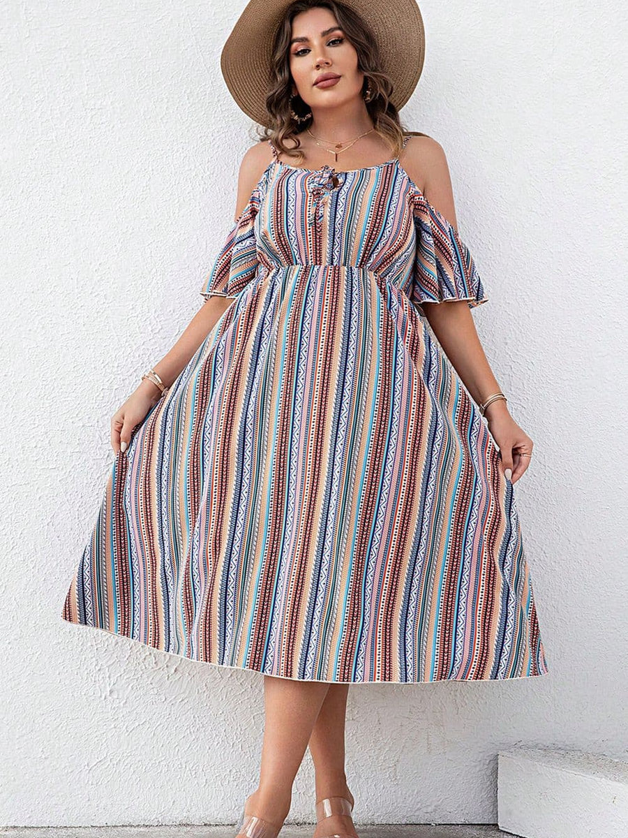 Trendsi striped cold shoulder midi dress with button front and flared skirt worn with a wide-brim hat
