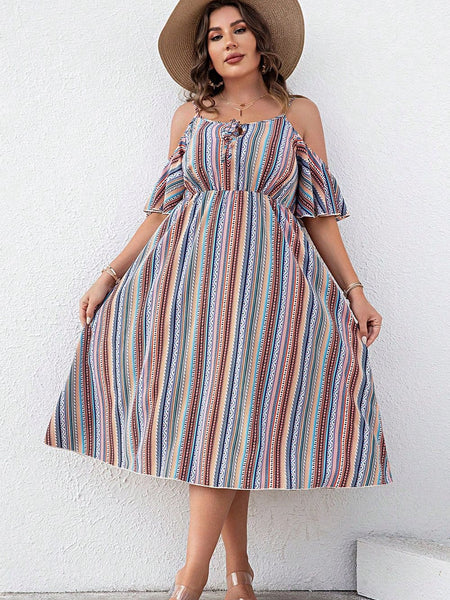 Trendsi striped cold shoulder midi dress with button front and flared skirt worn with a wide-brim hat