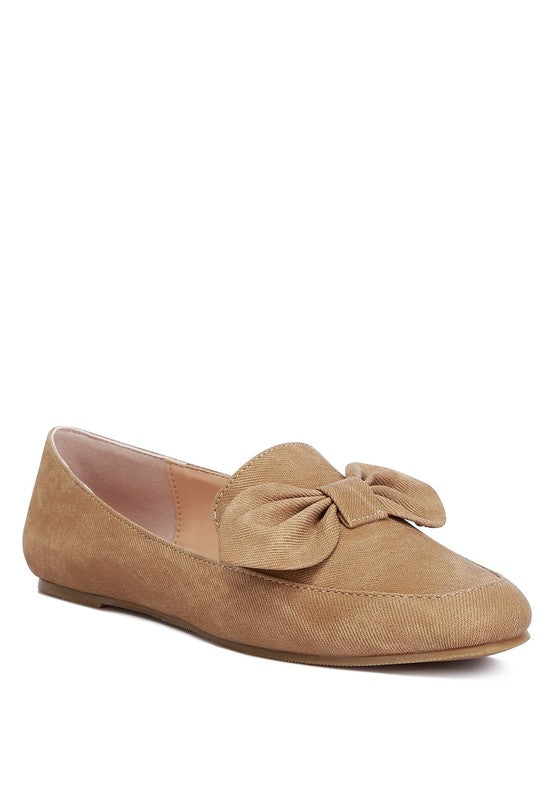 Rag Company women's denim bow loafers in tan with large bow detail on top