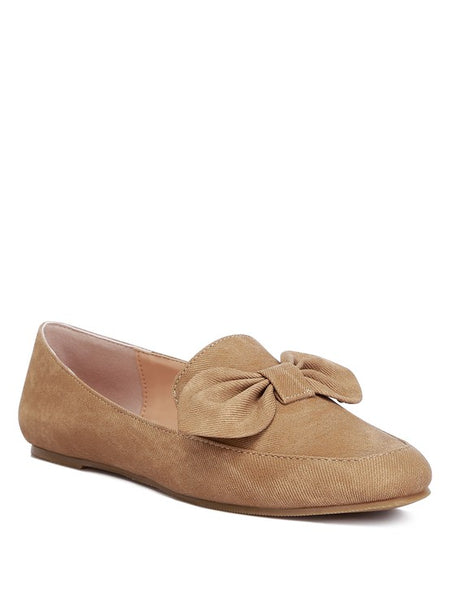 Rag Company women's denim bow loafers in tan with large bow detail on top