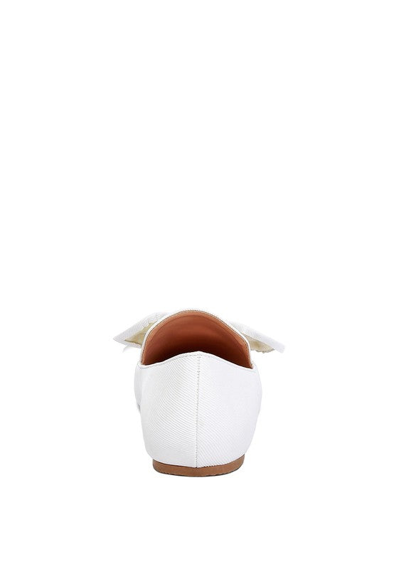 Back view of Rag Company women's denim bow loafers in white with brown sole