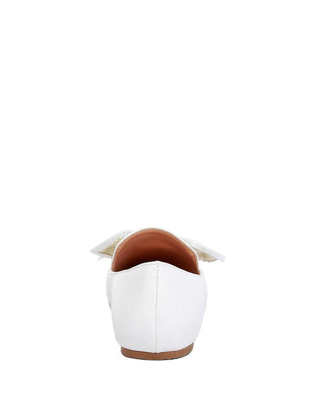 Back view of Rag Company women's denim bow loafers in white with brown sole