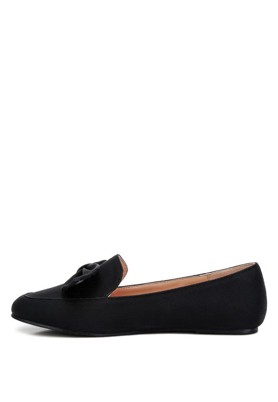 Rag Company women's denim bow loafers in black with a flat sole and decorative bow detail