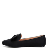 Rag Company women's denim bow loafers in black with a flat sole and decorative bow detail