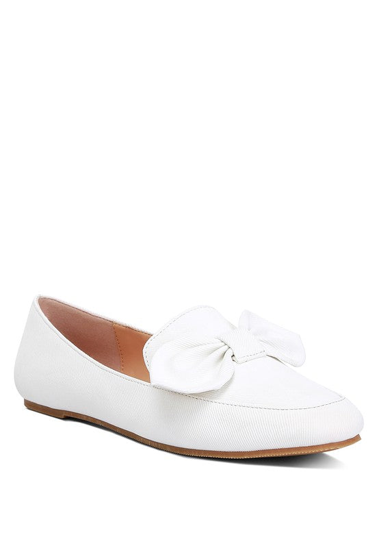 Rag Company women's denim bow loafers in white with a large decorative bow and flat sole