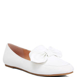 Rag Company women's denim bow loafers in white with a large decorative bow and flat sole