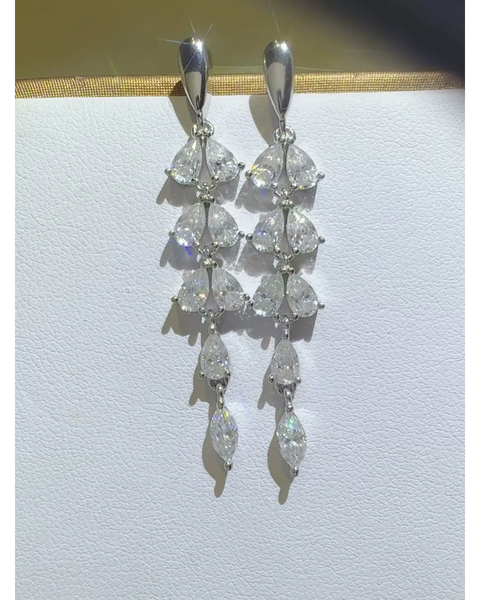 Elegant 6 Carat Drop Earrings with multiple pear-shaped clear stones in silver setting
