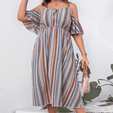 Trendsi striped cold shoulder midi dress with flutter sleeves and button detail