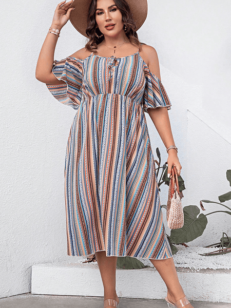 Trendsi striped cold shoulder midi dress with flutter sleeves and button detail
