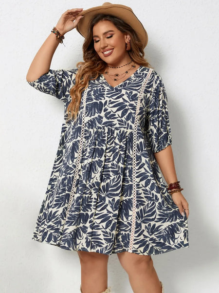 Plus Size Printed V-Neck Half Sleeve Mini Dress - Beach Babes Beachwear - Fort Lauderdale