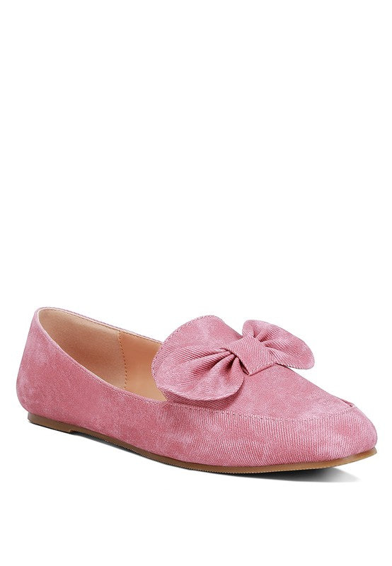 Rag Company women's denim bow loafers in pink with large decorative bow and flat sole