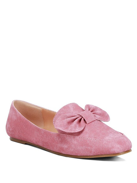 Rag Company women's denim bow loafers in pink with large decorative bow and flat sole