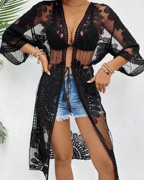 Chic Lace Open-Front Longline Cover-Up - Lightweight Style - Beach Babes Beachwear - Fort Lauderdale