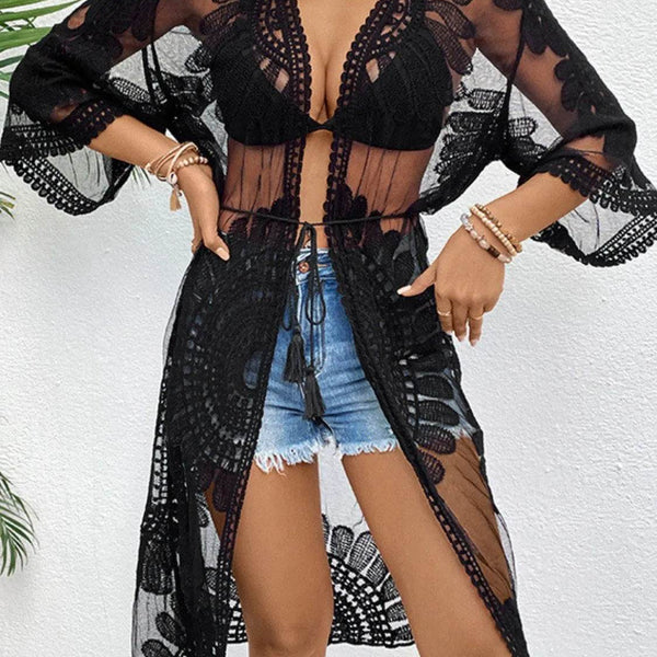 Chic Lace Open-Front Longline Cover-Up - Lightweight Style - Beach Babes Beachwear - Fort Lauderdale