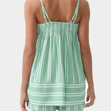 Trendsi smocked cami and shorts set in green and white stripes, back view with adjustable straps