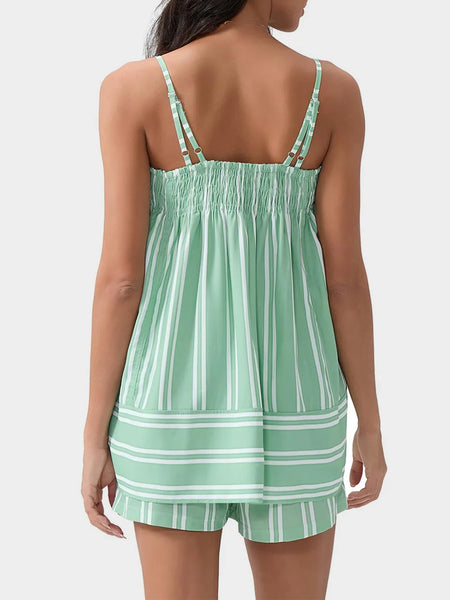 Trendsi smocked cami and shorts set in green and white stripes, back view with adjustable straps