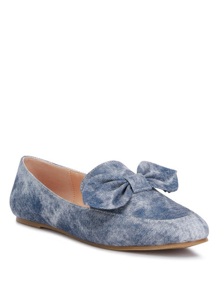 Rag Company women's denim bow loafers featuring a soft denim fabric with a stylish large bow detail