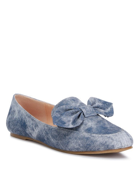 Rag Company women's denim bow loafers featuring a soft denim fabric with a stylish large bow detail