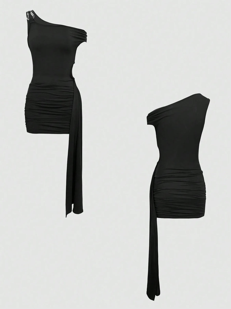 Trendsi black one-shoulder mini dress with side cutout and draped detail