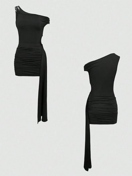 Trendsi black one-shoulder mini dress with side cutout and draped detail
