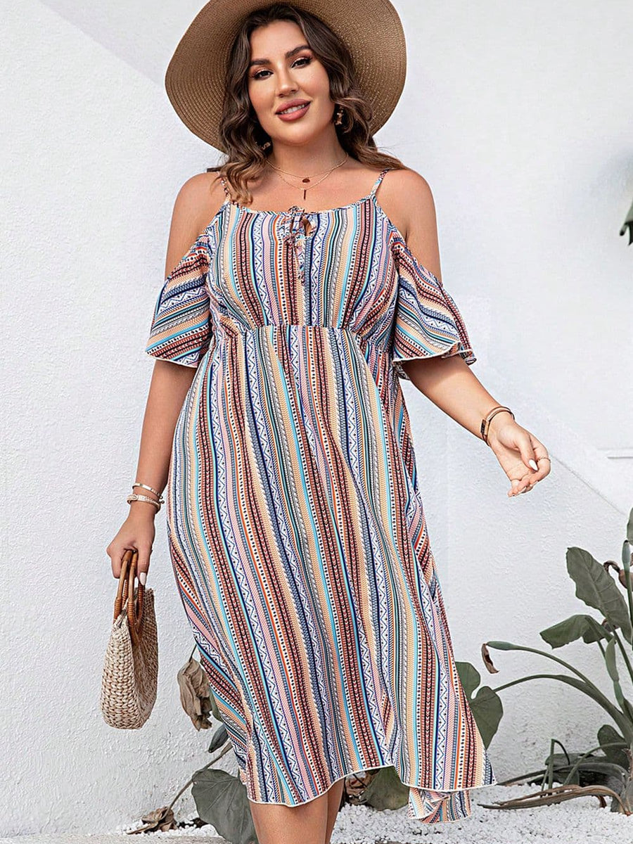 Trendsi striped cold shoulder midi dress with short sleeves and flowy skirt worn with hat and woven handbag