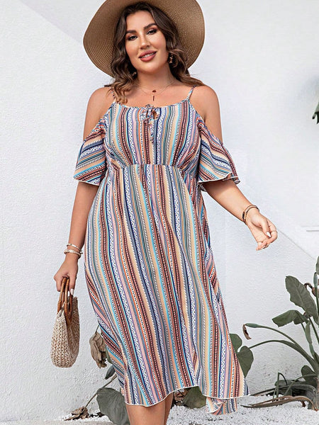 Trendsi striped cold shoulder midi dress with short sleeves and flowy skirt worn with hat and woven handbag