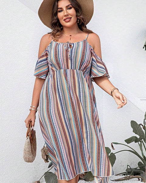 Trendsi striped cold shoulder midi dress with short sleeves and flowy skirt worn with hat and woven handbag