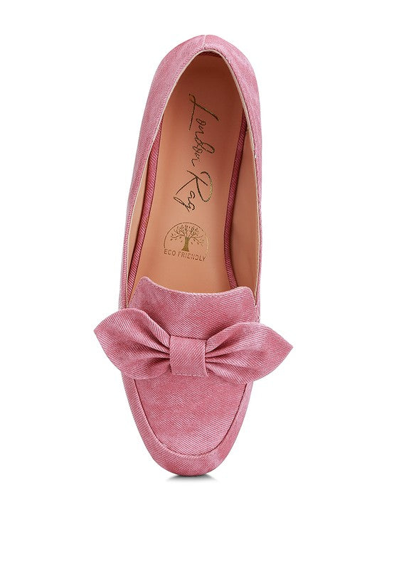 Rag Company women's denim bow loafers in pink with eco-friendly insole and large fabric bow detail