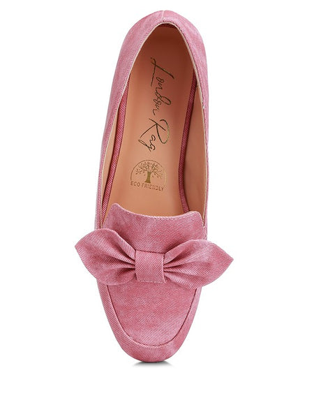 Rag Company women's denim bow loafers in pink with eco-friendly insole and large fabric bow detail