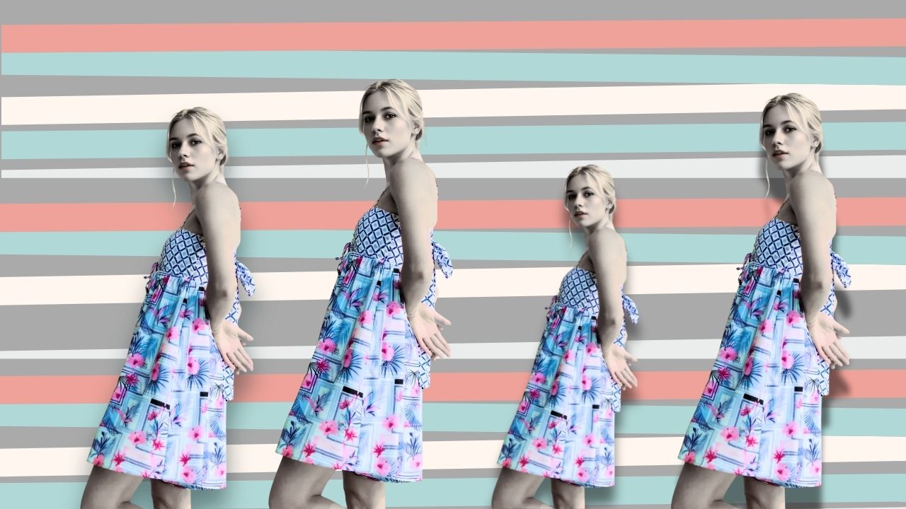  colorful background with 4 images of woman wearing a blue mini dress