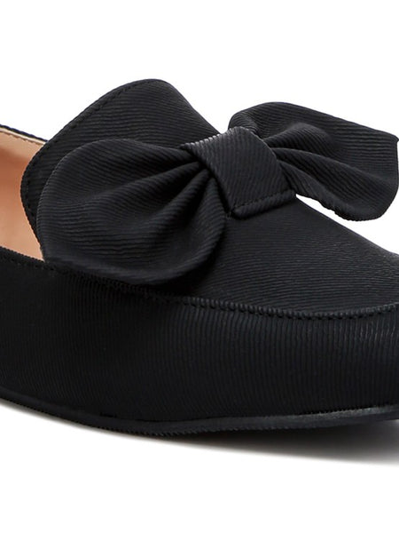 Rag Company women's denim bow loafers in black with decorative bow detail on front
